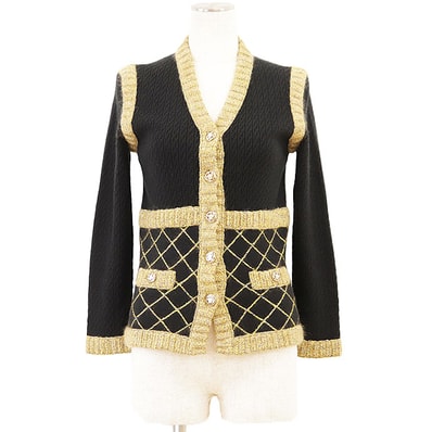 【極美品】CHANEL シャネル ニットカーディガン 15K P52797 レディース サイズ 34 マトラッセ メランジニット カメリアボタン シルク × カシミヤ × モヘア アウター タグ・共糸付属 ブラック ゴールド 黒 金色 イタリア製
