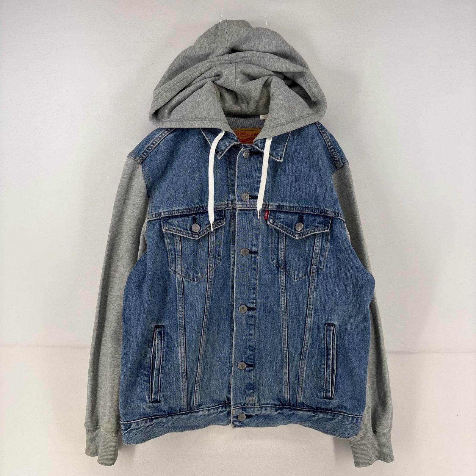 古着 リーバイス Levi's デニム ジャケット デニム 胸ポケット パーカー レイヤード ハイブリッドフーディ L ブルー メンズ