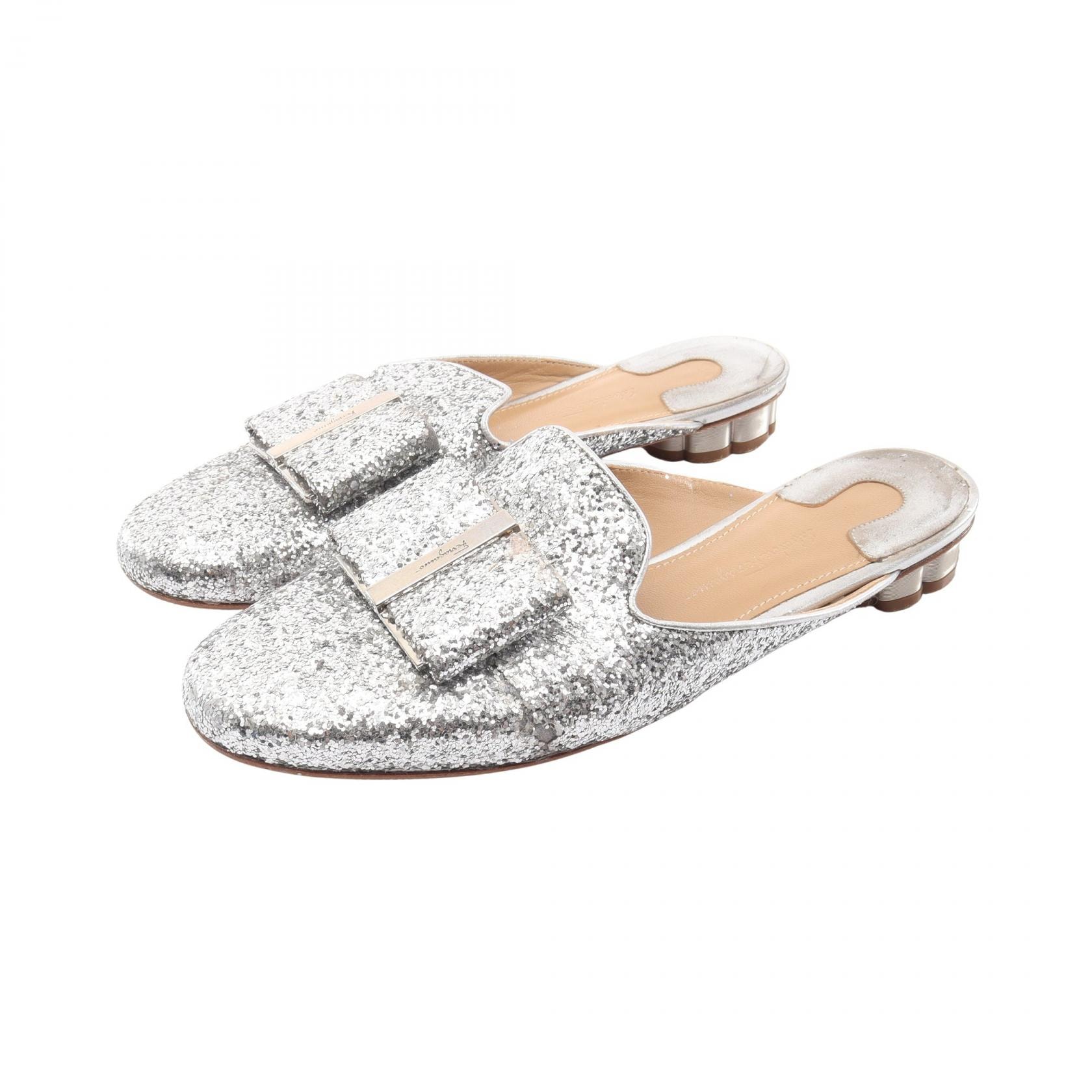 サルヴァトーレフェラガモ Salvatore Ferragamo ヴァラリボン グリッター ミュール 靴 レザー レディース シルバー系 【中古】