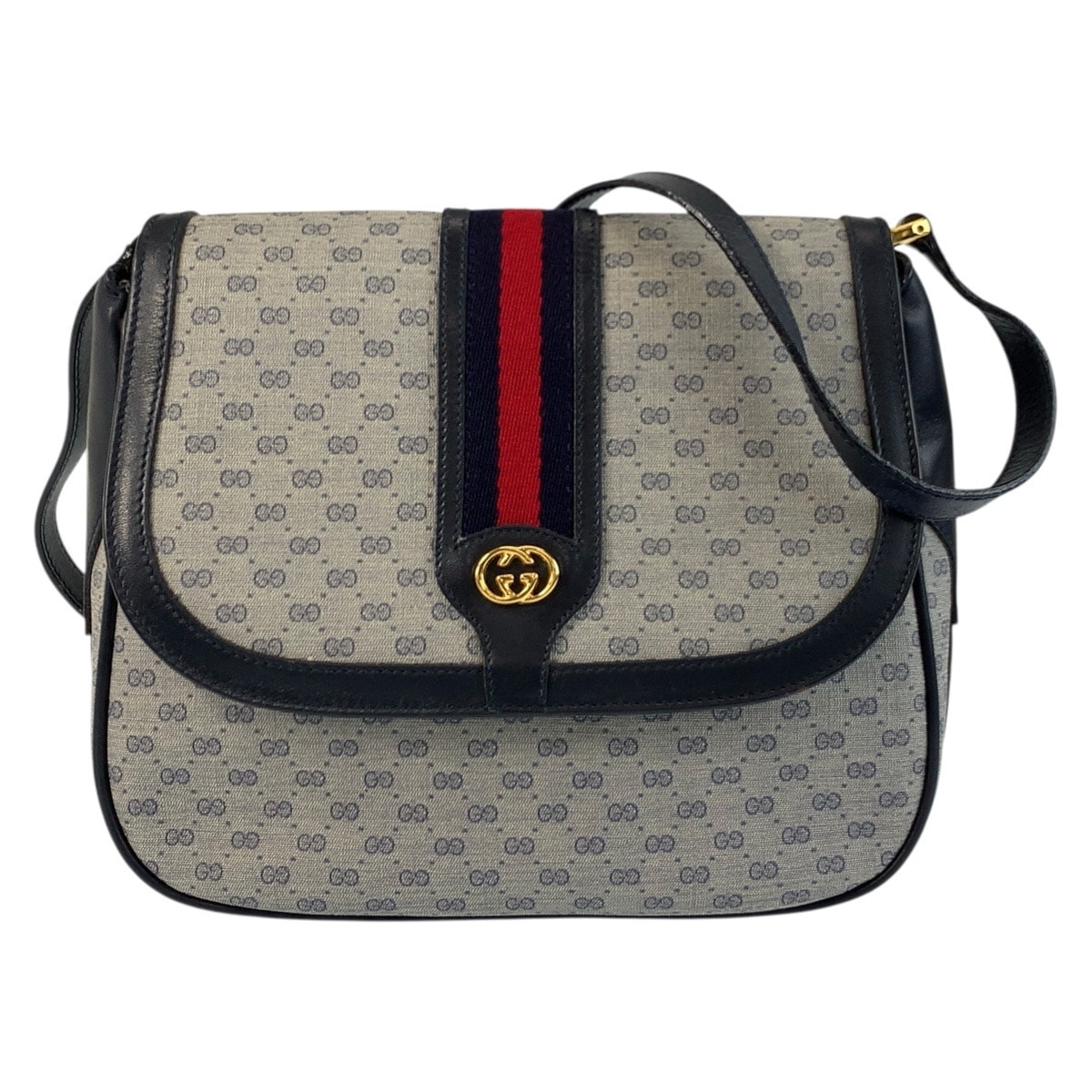 GUCCI グッチ ヴィンテージ マイクロGG シェリーライン グレー ネイビー ゴールド金具 GGスプリームキャンバス ショルダーバッグ ポシェット 505727 【中古】