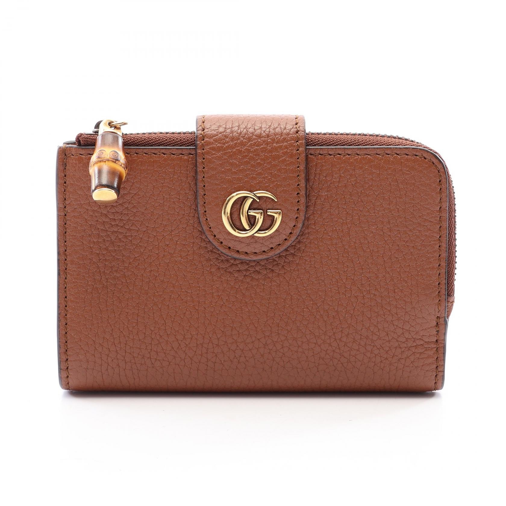 グッチ GUCCI バンブー ダブルG ミディアム ウォレット 二つ折り財布 財布 レザー レディース ブラウン系 739498 【中古】