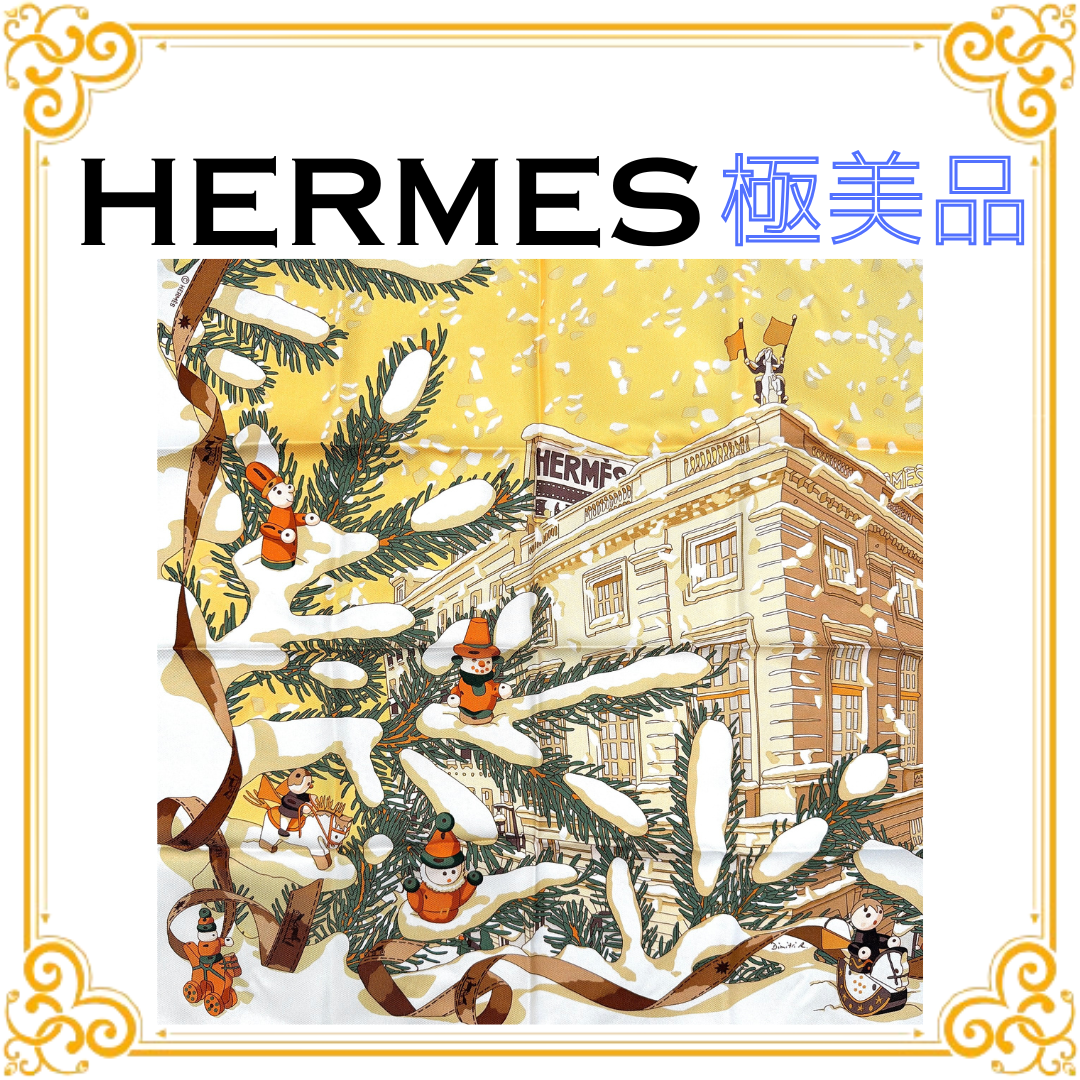 ■極美品■ HERMES エルメス プチカレ カレ45 フォーブル24番地のクリスマス レディース スカーフ ストール ベージュ イエロー ハンカチ