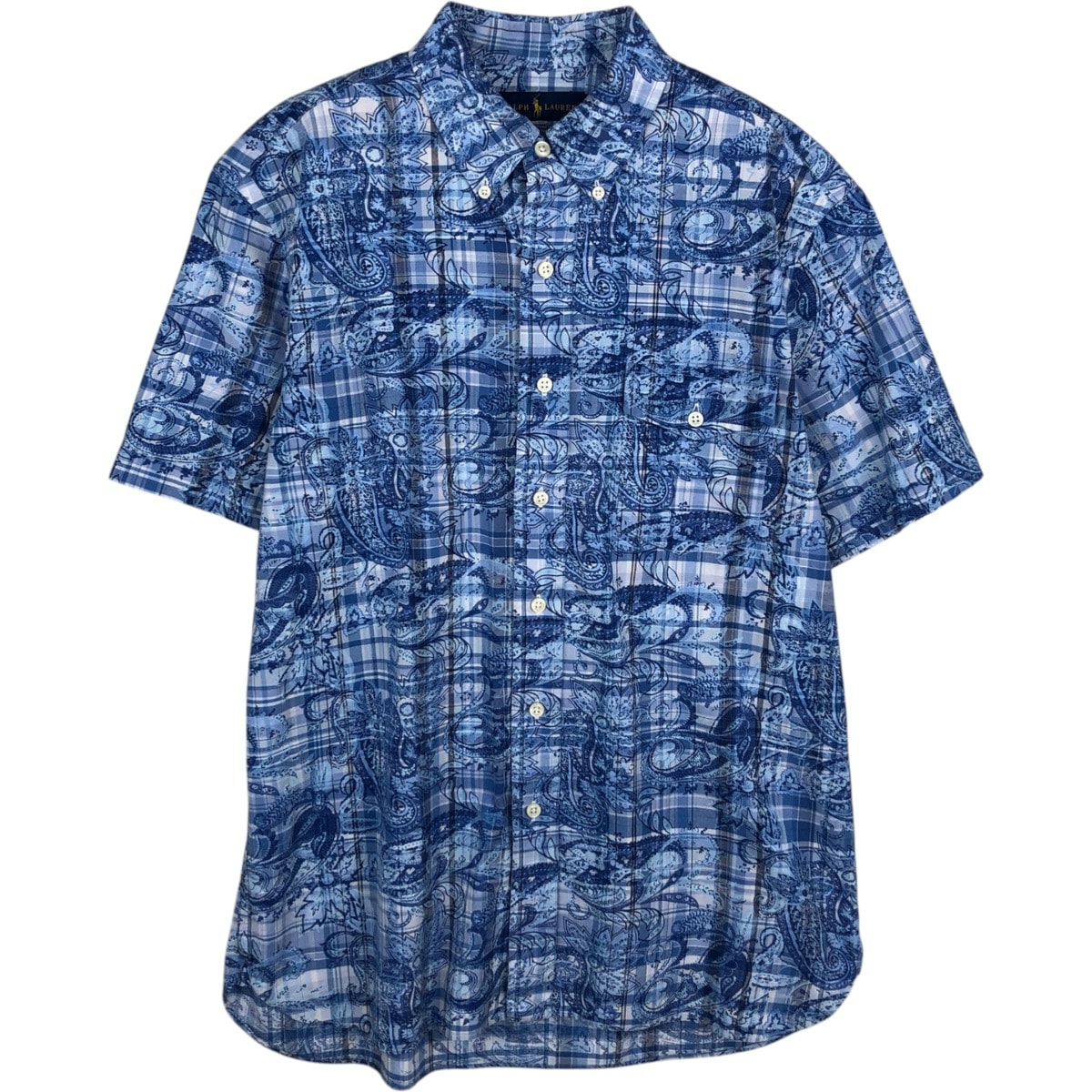古着 ラルフローレン Ralph Lauren 総柄 チェック柄 ペイズリー柄 半袖 ボタンダウンシャツ メンズM相当/eaa477617