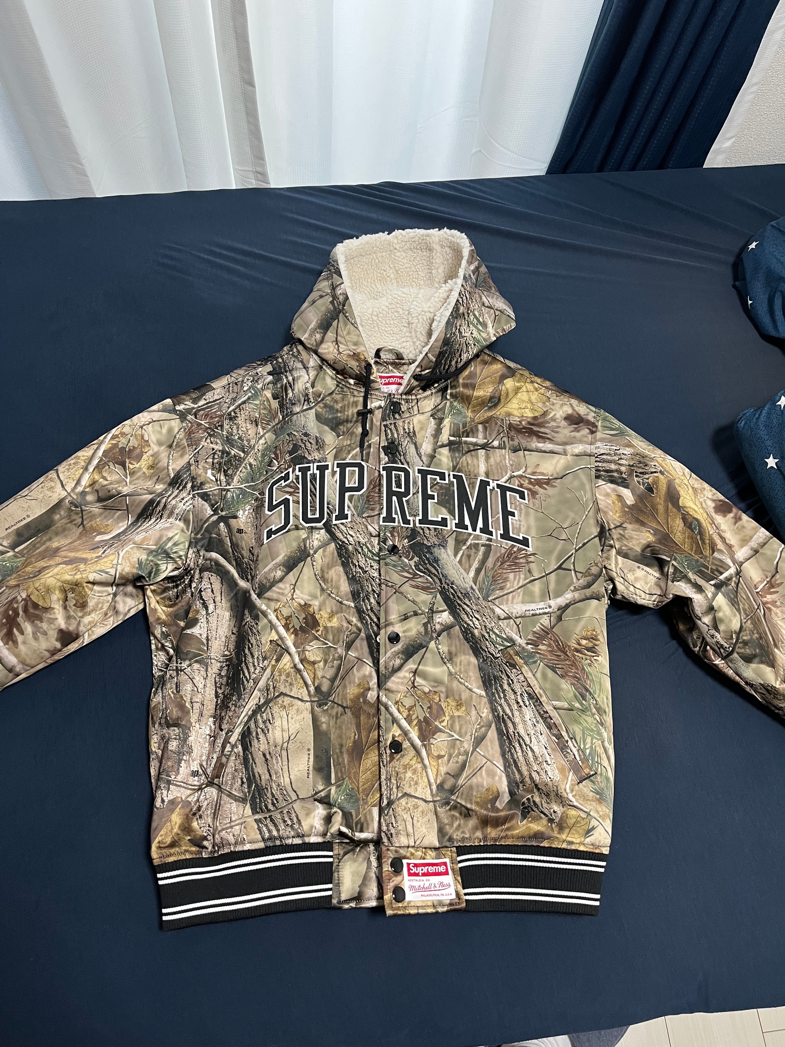 Supreme x Mitchell & Ness Lined Hooded Satin Varsity Jacket "Realtree AP Camo"
