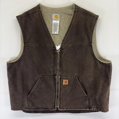 古着 カーハート Carhartt ダック ベスト ワーク ワンポイントロゴ 大きいサイズ Vネック フルジップ 2XL ブラウン系 メンズ