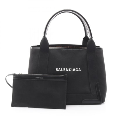 バレンシアガ BALENCIAGA NAVY CABAS S ネイビーカバ トートバッグ バッグ キャンバス レザー レディース ブラック系 【中古】