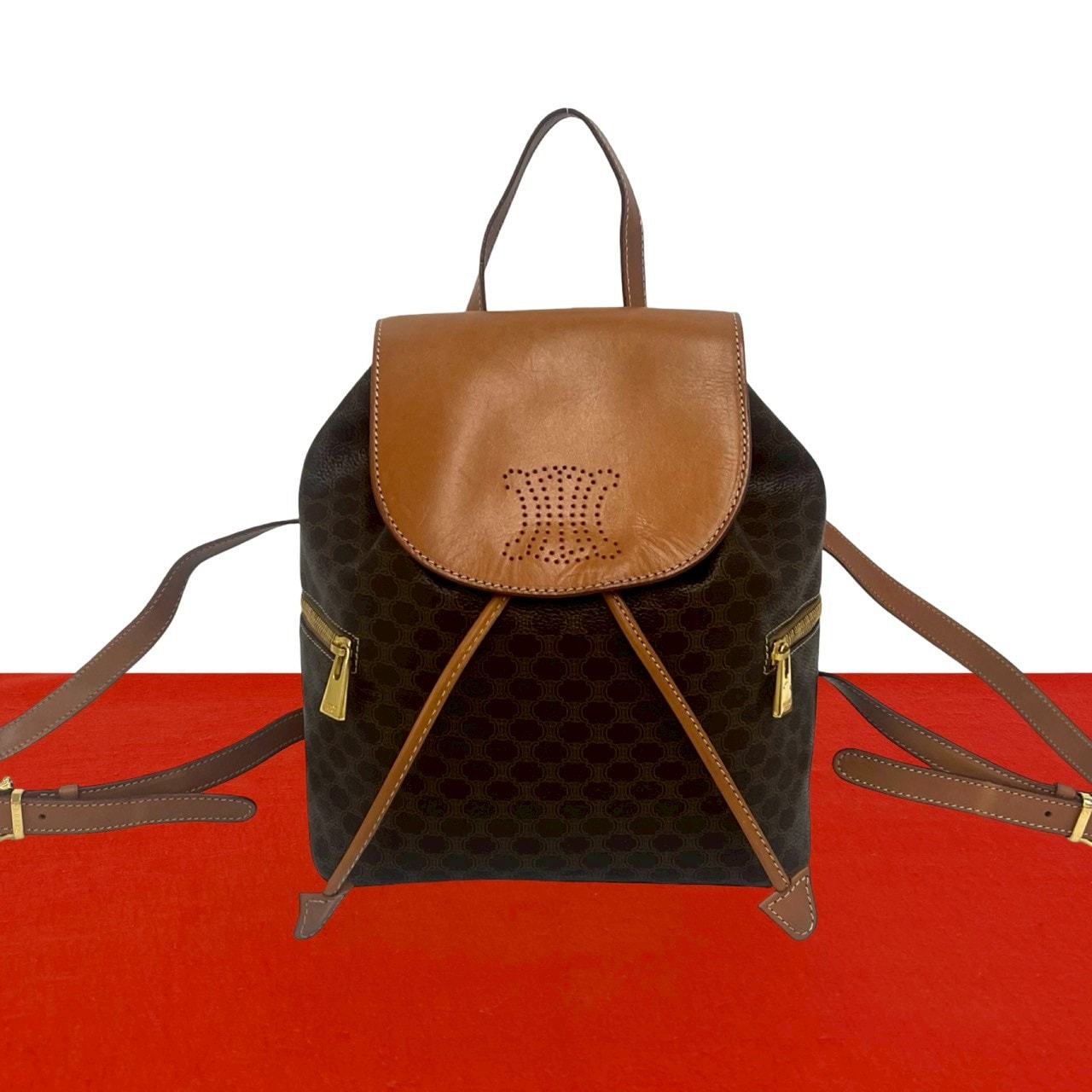 CELINE セリーヌ マカダム ブラゾン トリオンフ 柄 レザー PVC リュックサック ブラウン
 14985