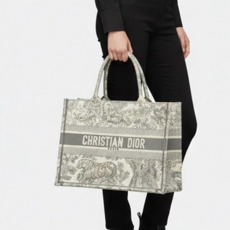 Christian Dior クリスチャンディオール トートバッグ ブックトート トワル・ドゥ・ジュイ エンブロイダリー グレーキャンバス レディース ★中古★