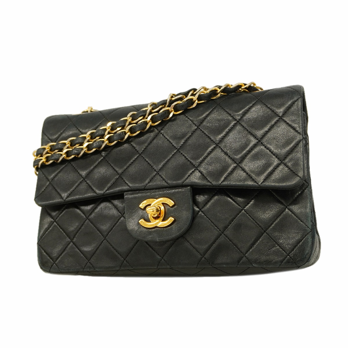 【6kd3961】シャネル ショルダーバッグ マトラッセ Wフラップ Wチェーン ラムスキン ブラック ゴールド金具【中古】レディース