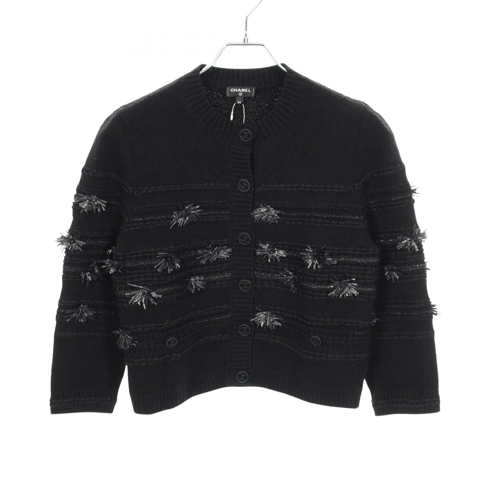 シャネル CHANEL ココマークボタンフリンジ カーディガン 衣料品 トップス コットン レディース ブラック系 P60728K46373 【中古】