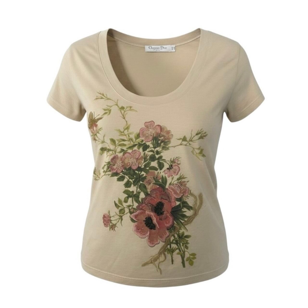 Christian Dior クリスチャンディオール ガリアーノ期 Uネック 花刺繍 ベージュ ベビーピンク コットン 半袖Tシャツ A3-00243 【中古】