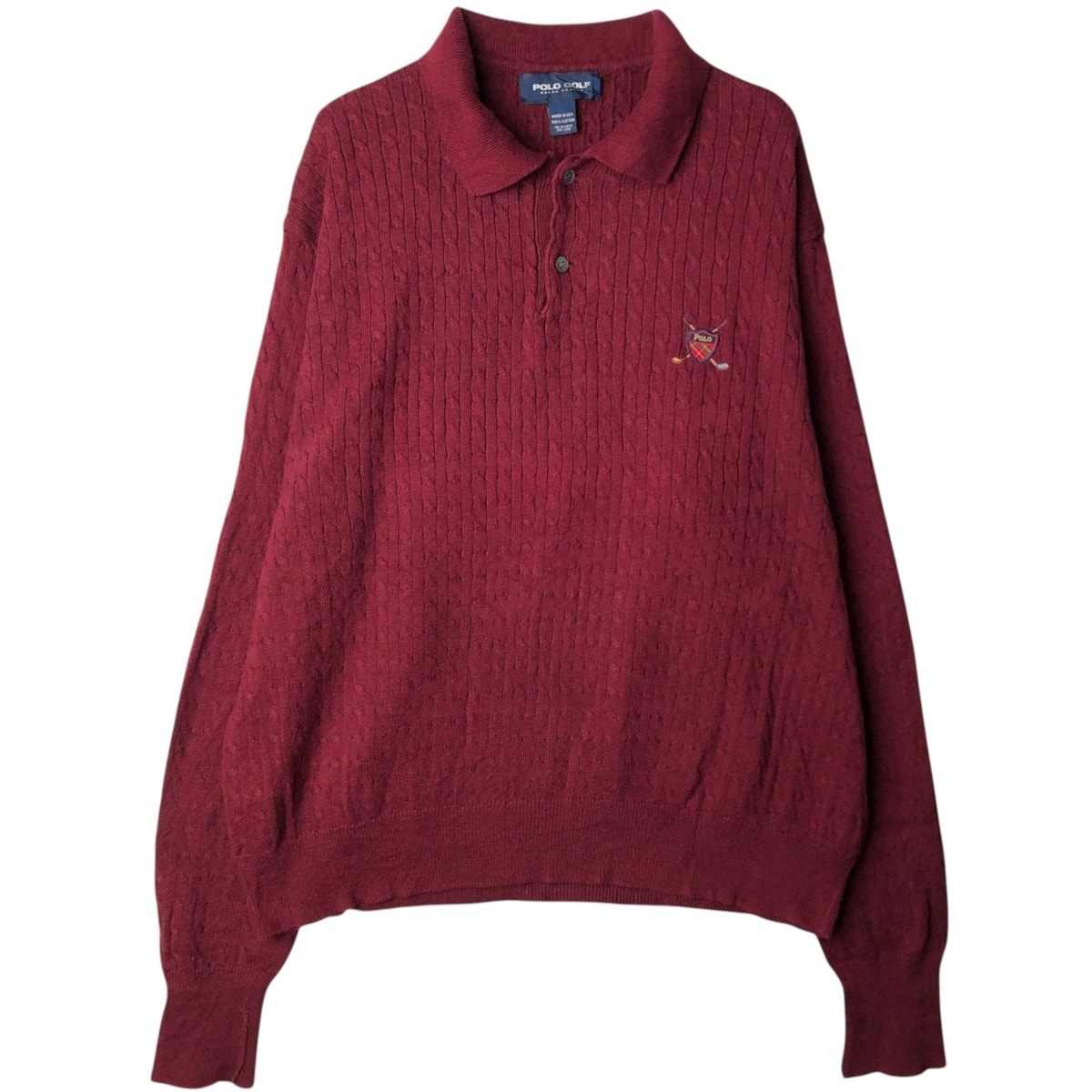 古着 ラルフローレン Ralph Lauren POLO GOLF ポロゴルフ 襟付き ハーフボタン ケーブル編み コットンニットセーター USA製 メンズXXL相当/eaa627473
