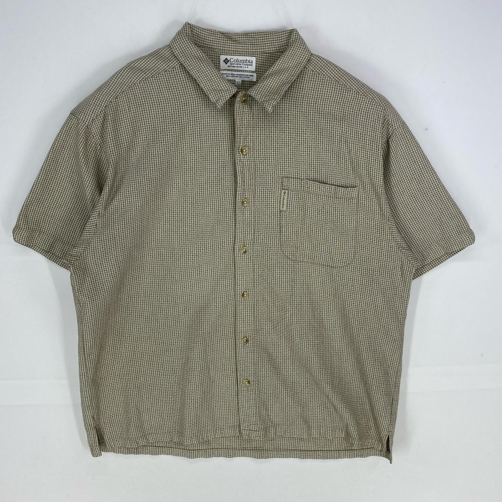 古着 コロンビア Columbia 半袖シャツ ワンポイント アウトドア ショートスリーブ XL  ベージュ系 チェック メンズ
