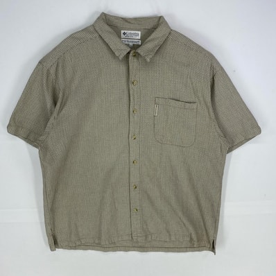 古着 コロンビア Columbia 半袖シャツ ワンポイント アウトドア ショートスリーブ XL ベージュ系 チェック メンズ
