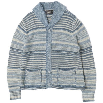 新品 RRL ダブルアールエル 26SS インディゴ ストライプド コットンリネン カーディガン MNRRSWE16820208 / 782P05180001 L Indigo Murti Double RL 定価154,000円 ショールカラー ニット