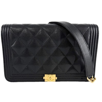 CHANEL シャネル チェーンウォレット マトラッセ ボーイシャネル ココマーク 肩掛け 斜め掛け BOY CHANEL キャビアスキン ブラック 黒 マットゴールド金具 レディース【中古品】