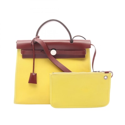 エルメス HERMES エールバッグジップPM ハンドバッグ バッグ キャンバス レザー トワルオフィシエ / ヴァッシュハンター トワルオフィシエ ライム X刻印(2016年製造) レディース イエロー系 / ボルドー系 【中古】