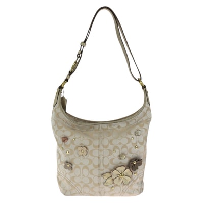 COACH コーチ シグネチャー フラワーアップリケ ベージュ ゴールド金具 キャンバス レザー/ ショルダーバッグ 602648 【中古】