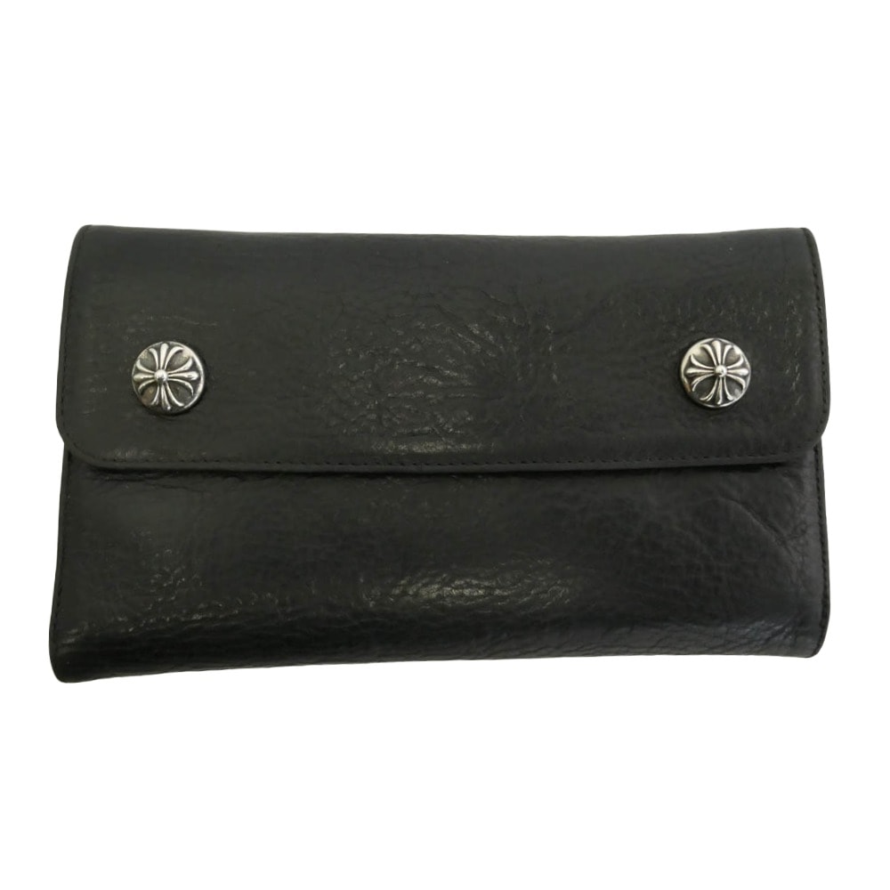 CHROME HEARTS クロムハーツ(原本無) WAVE CROSS BALL ウェーブ クロスボールボタン レザー ウォレット 財布 ブラック系【中古】