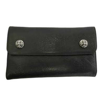 CHROME HEARTS クロムハーツ(原本無) WAVE CROSS BALL ウェーブ クロスボールボタン レザー ウォレット 財布 ブラック系【中古】