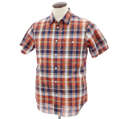 【中古】ザノースフェイス THE NORTH FACE ポリエステル チェック 半袖シャツ オレンジxネイビー【サイズL】【メンズ】