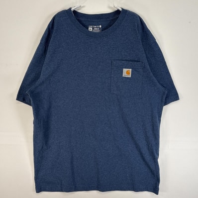 古着 カーハート Carhartt 半袖Tシャツ ワンポイント ロゴ クルーネック 肉厚 M ブルー系 無地 メンズ