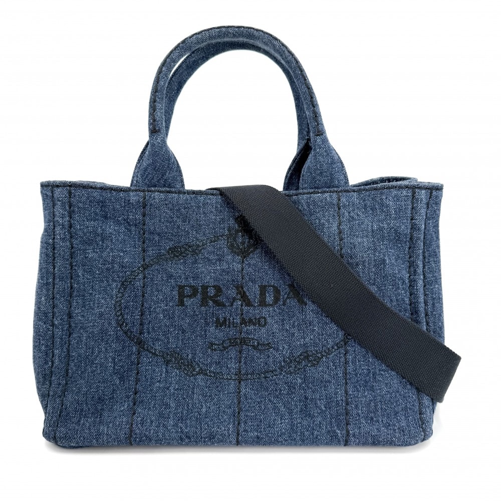PRADA プラダ 2WAY カナパ ミニ デニム ハンドバッグ ショルダーバッグ 肩掛け 斜め掛け トライアングルロゴ 1BG439 コットン インディゴ ゴールド金具 レディース【中古品】