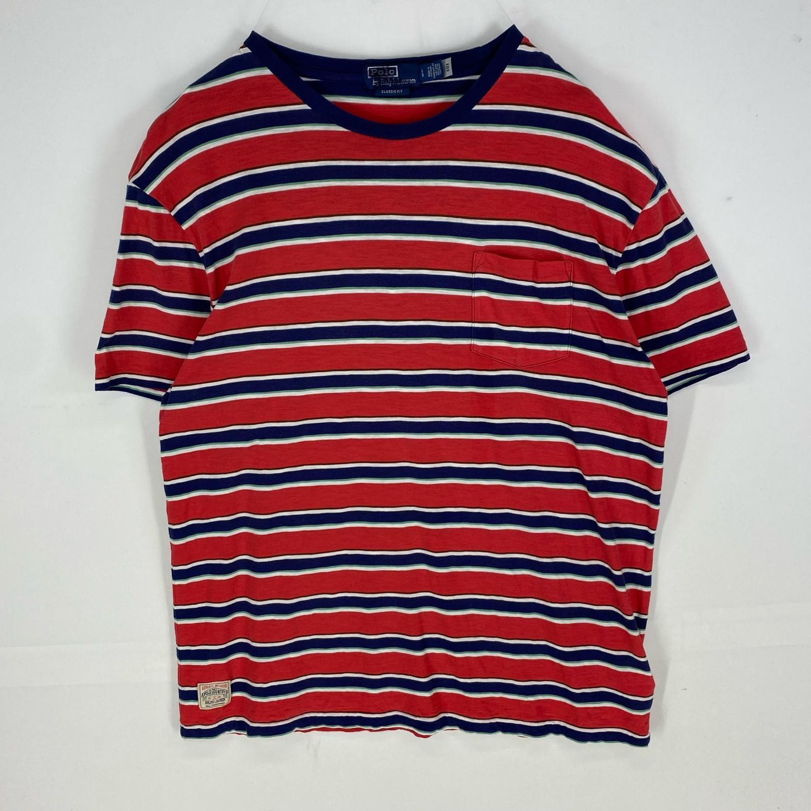 古着 ポロバイラルフローレン Polo by Ralph Lauren 半袖Tシャツ 胸ポケット クルーネック L  レッド系 ボーダー メンズ