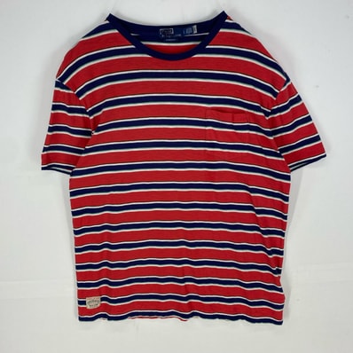 古着 ポロバイラルフローレン Polo by Ralph Lauren 半袖Tシャツ 胸ポケット クルーネック L レッド系 ボーダー メンズ