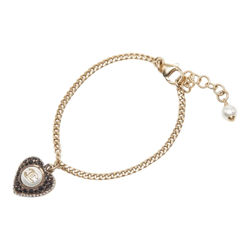 シャネル ココマーク ハート モチーフ ブレスレット ゴールド ブラック メッキ フェイクパール ラインストーン レディース CHANEL 【中古】