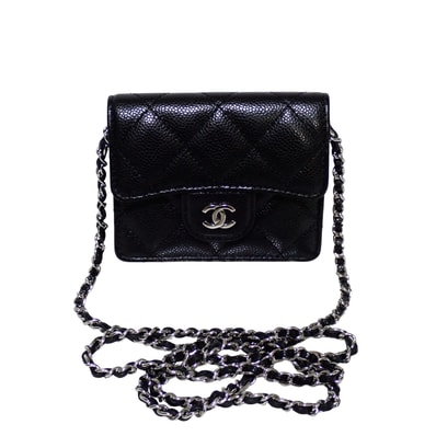 CHANEL シャネル マトラッセ キャビアスキン コンパクト財布 チェーンウォレット ブラック レディース 二つ折り財布