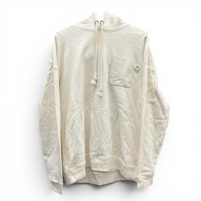 LOEWE 極美品 ロエベ ANAGRAM PATCH POCKET HOODIE アナグラム パッチ ポケット フーディ #M H526Y25X23 パーカー コットン レザー アイボリー Aランク 中古 鑑定済 ロエベパーカー