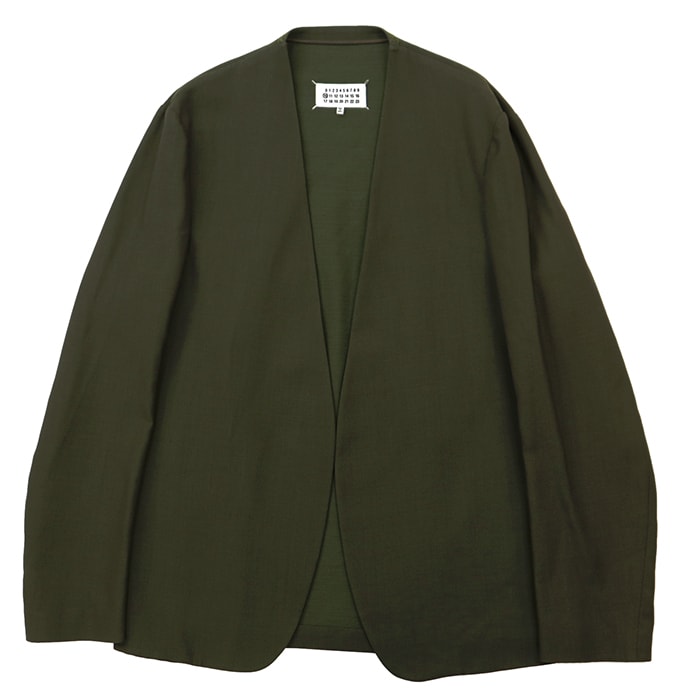【美品】Maison Margiela メゾンマルジェラ ジャケット サイズ 48 メンズ ウール100% オープンフロント ノーカラー アウター ダークグリーン 緑 イタリア製