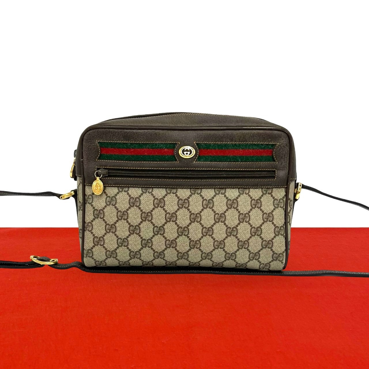 GUCCI グッチ シェリーライン GG ロゴ 柄 レザー PVC ショルダーバッグ ブラウン
 21811