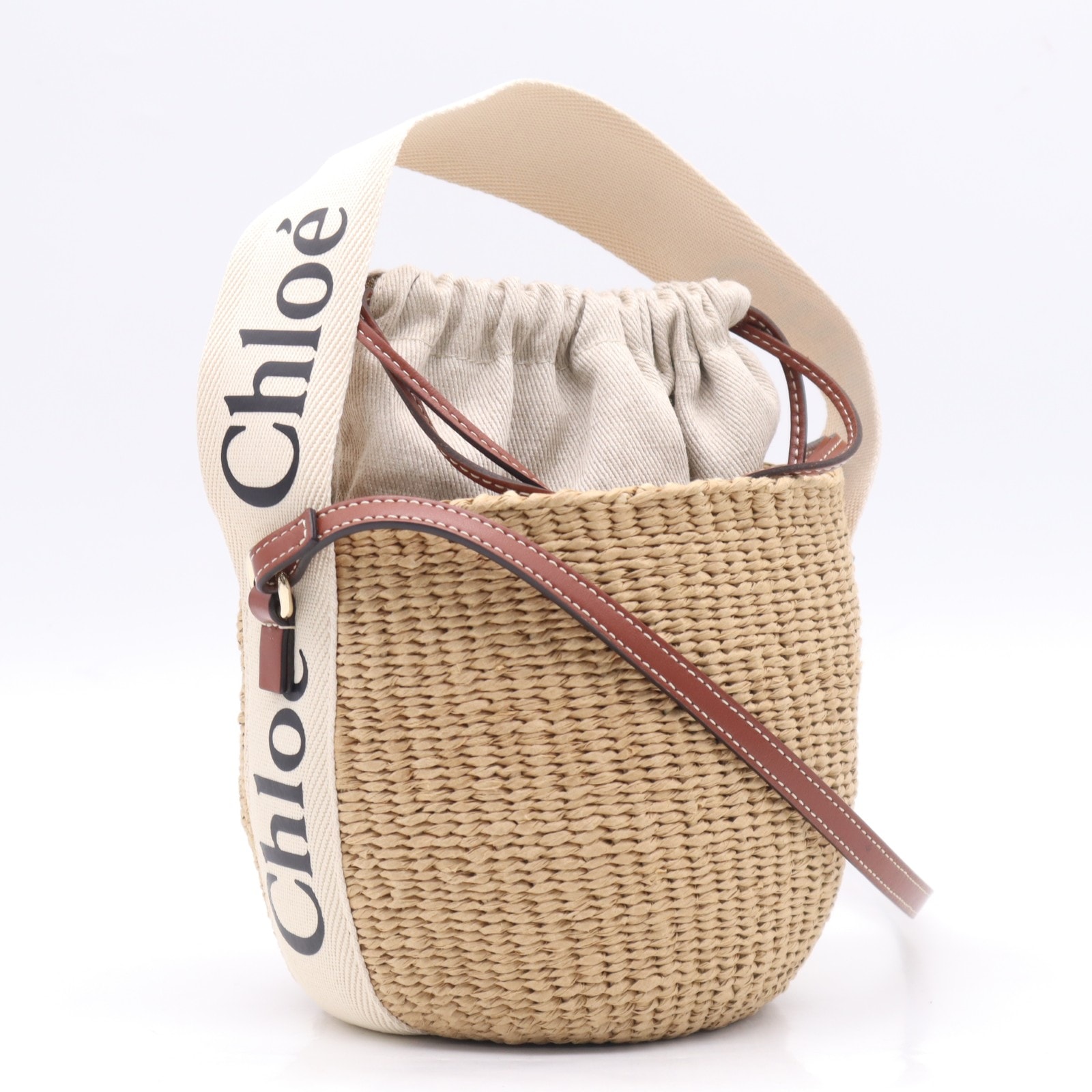 美品 Chloe クロエ ラフィア リネン Woody スモールバスケット CHC22SS381G55 ショルダーバッグ ベージュ ブラウン ラフィア リネン レディース