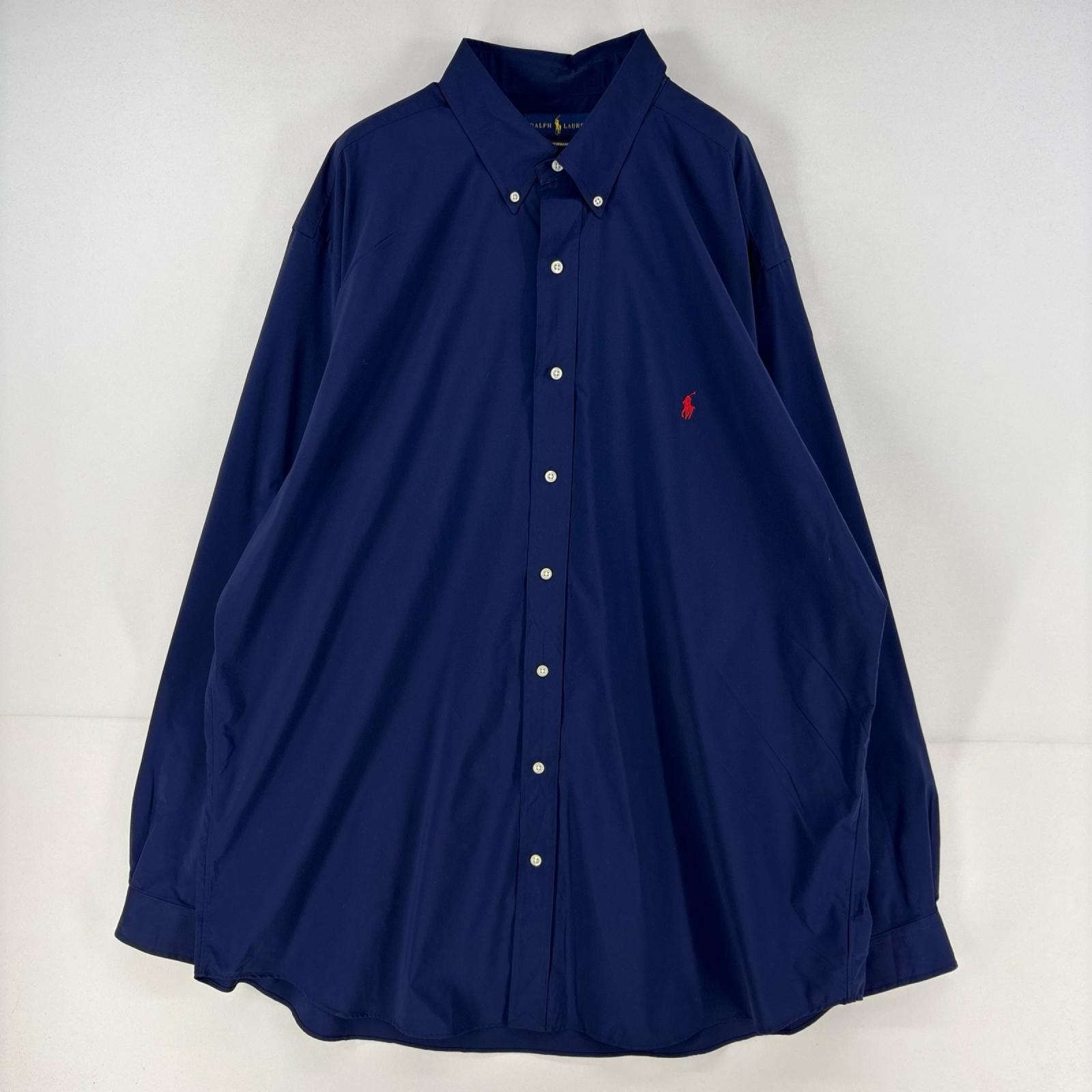 古着 ラルフローレン RALPH LAUREN 長袖シャツ ボタンダウン ワンポイント刺繍ロゴ ナイロン 大きいサイズ 2XL ネイビー メンズ