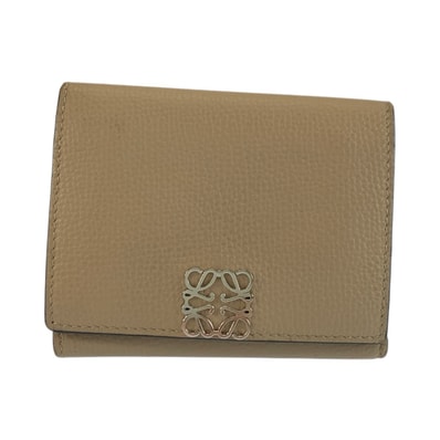 美品 LOEWE ロエベ アナグラム ベージュ シルバー金具 レザー 折財布 トライフォールドウォレット 603996 【中古】