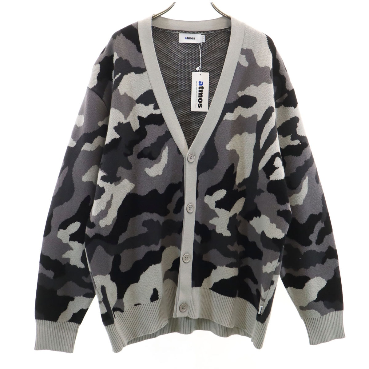 未使用 atmos アトモス カモフラ柄 長袖 Vネック ニットカーディガン L グレー 迷彩