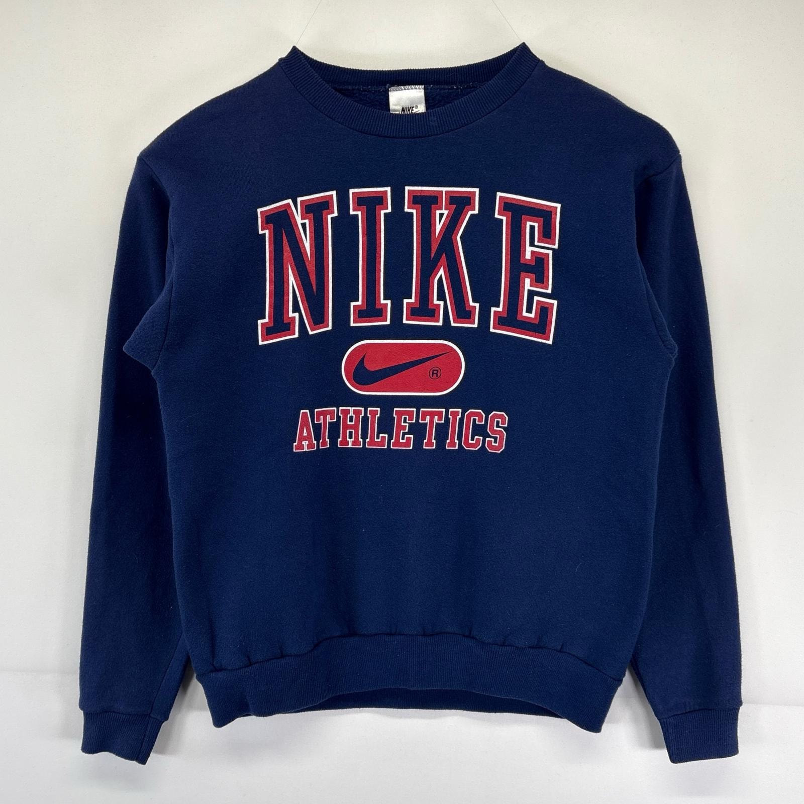 古着 90's/90年代 ナイキ NIKE USA製 スウェット トレーナー クルーネック 大判プリントロゴ 銀タグ XL  ネイビー キッズ