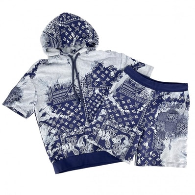 LOUIS VUITTON ルイヴィトン セットアップ モノグラムバンダナ スウェットパーカー ショートスリーブフーディパーカー ハーフパンツ 半ズボン アパレル 服 22SS 半袖 M ブルー 青 ホワイト 白 コットン メンズ【中古品】