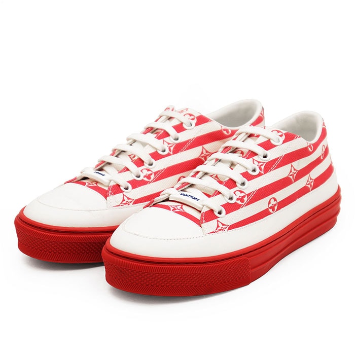 【美品】LOUIS VUITTON ルイ・ヴィトン ローカットスニーカー 2020年製 ステラーライン LVエスカル モノグラムフラワー レースアップ キャンバス x レザー コンビ トリコロール 厚底 シューズ 靴 レディース 36 赤 桃色 白 伊製