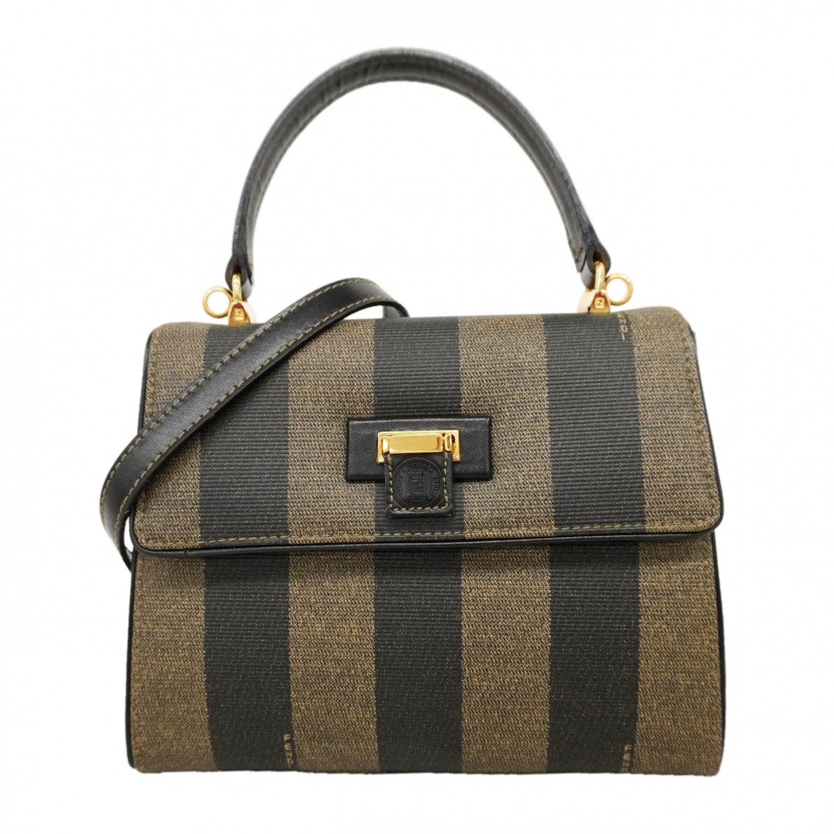 【6dd5462】フェンディ ハンドバッグ ペカン PVC カーキ ブラック ゴールド金具 2wayバッグ【中古】レディース
