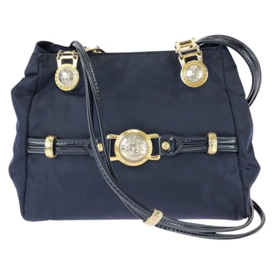 美品 VERSACE ヴェルサーチ ヴィンテージ メデューサ ネイビー ゴールド金具 ナイロン パテントレザー/ ショルダーバッグ 603812 【中古】