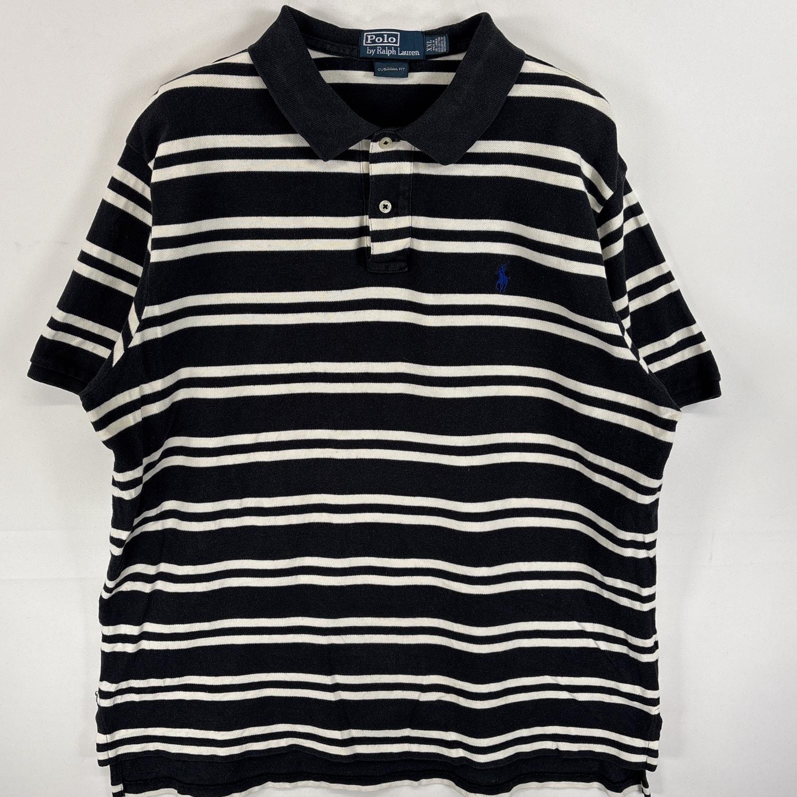 古着 90's/90年代 ポロバイラルフローレン Polo by Ralph Lauren ポロシャツ ワンポイント ロゴ 刺繍 大きいサイズ 2ボタン 14041  ブラック系 ボーダー メンズ