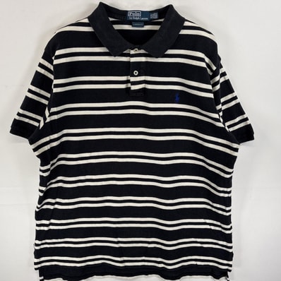 古着 90's/90年代 ポロバイラルフローレン Polo by Ralph Lauren ポロシャツ ワンポイント ロゴ 刺繍 大きいサイズ 2ボタン 14041 ブラック系 ボーダー メンズ