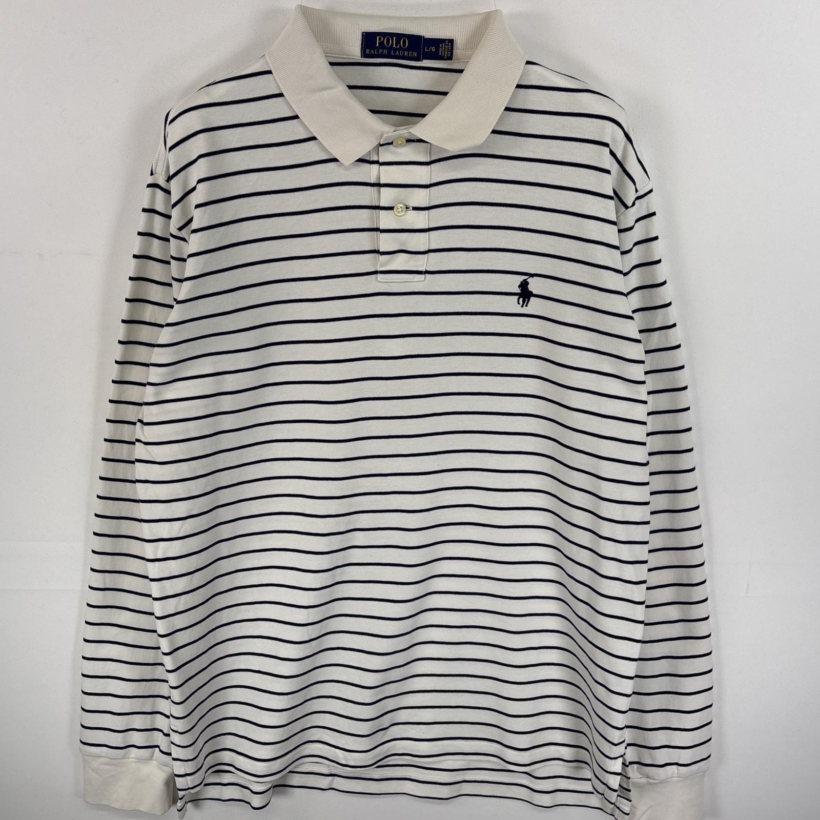 古着 ポロ・ラルフローレン POLO RALPH LAUREN 長袖 ポロシャツ ワンポイント ロゴ 刺繍 2ボタン L  ホワイト系 ボーダー メンズ