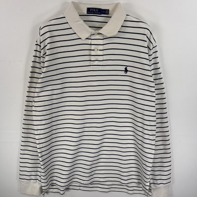 古着 ポロ・ラルフローレン POLO RALPH LAUREN 長袖 ポロシャツ ワンポイント ロゴ 刺繍 2ボタン L ホワイト系 ボーダー メンズ