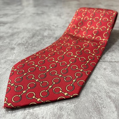 【HERMES】エルメス ネクタイ リング チェーン 鎖 幾何学 小紋 総柄 レッド ゴールド フランス製 オールド ヴィンテージ メンズ 紳士 高級