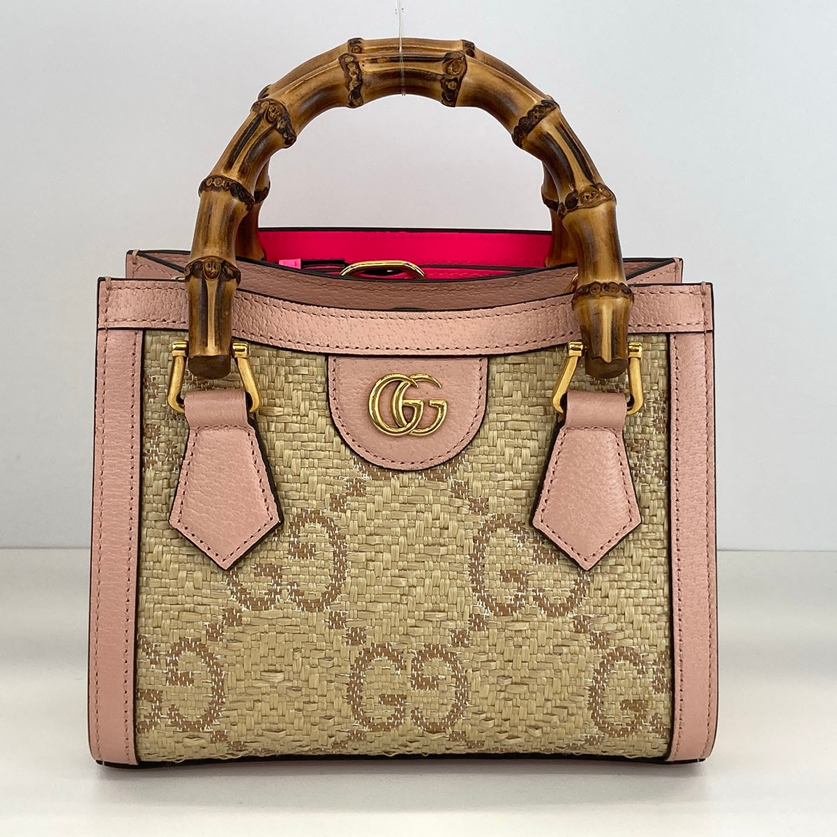 GUCCI グッチ ダイアナ ミニ ハンドバッグ ショルダーバッグ トートバッグ 702732 ラフィア バンブー GGラフィアエフェクト ベージュ ピンク レディース【中古】
