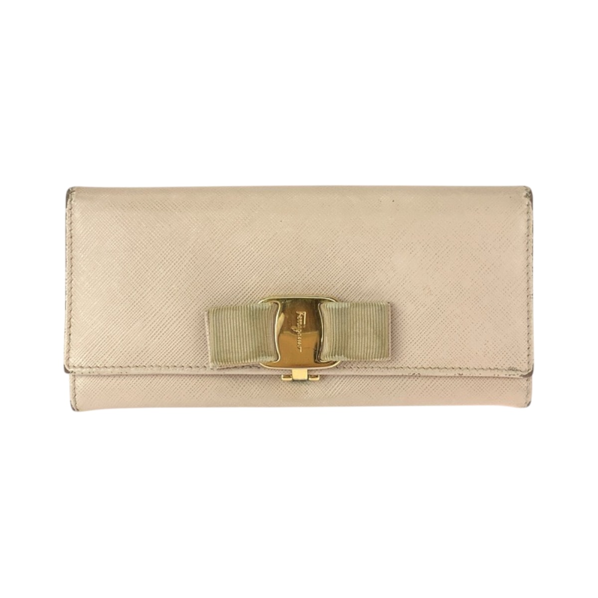 Salvatore Ferragamo サルヴァトーレフェラガモ ヴァラリボン ベージュ ゴールド金具 レザー 長財布 ロングウォレット 600519 【中古】